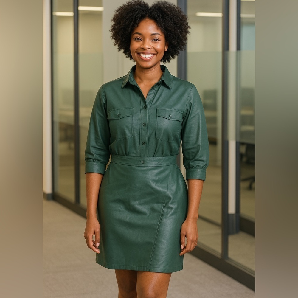 Gabrielle Union Forest Green Faux Leather Shirt Dress- Size Small